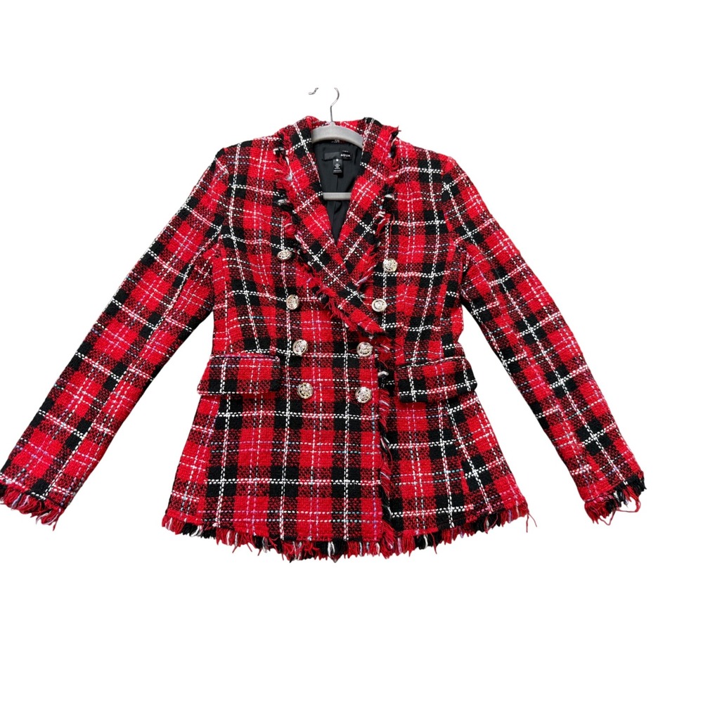 AQUA Tweed Blazer Women XS Red Plaid Excellent Fringe Double Breasted Jacket